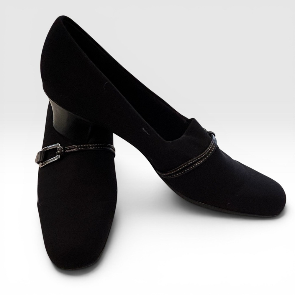 Munro Cindy Block Heel Pump Shoes Sz 9.5‎ Narrow Black Stretch Fabric Slip Ons